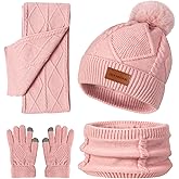 Winter 4-in-1 Gift Set with Pom Pom Beanie Hat, Fleece Lined Headband, Knit Scarf, Touchscreen Gloves for Cold Weather