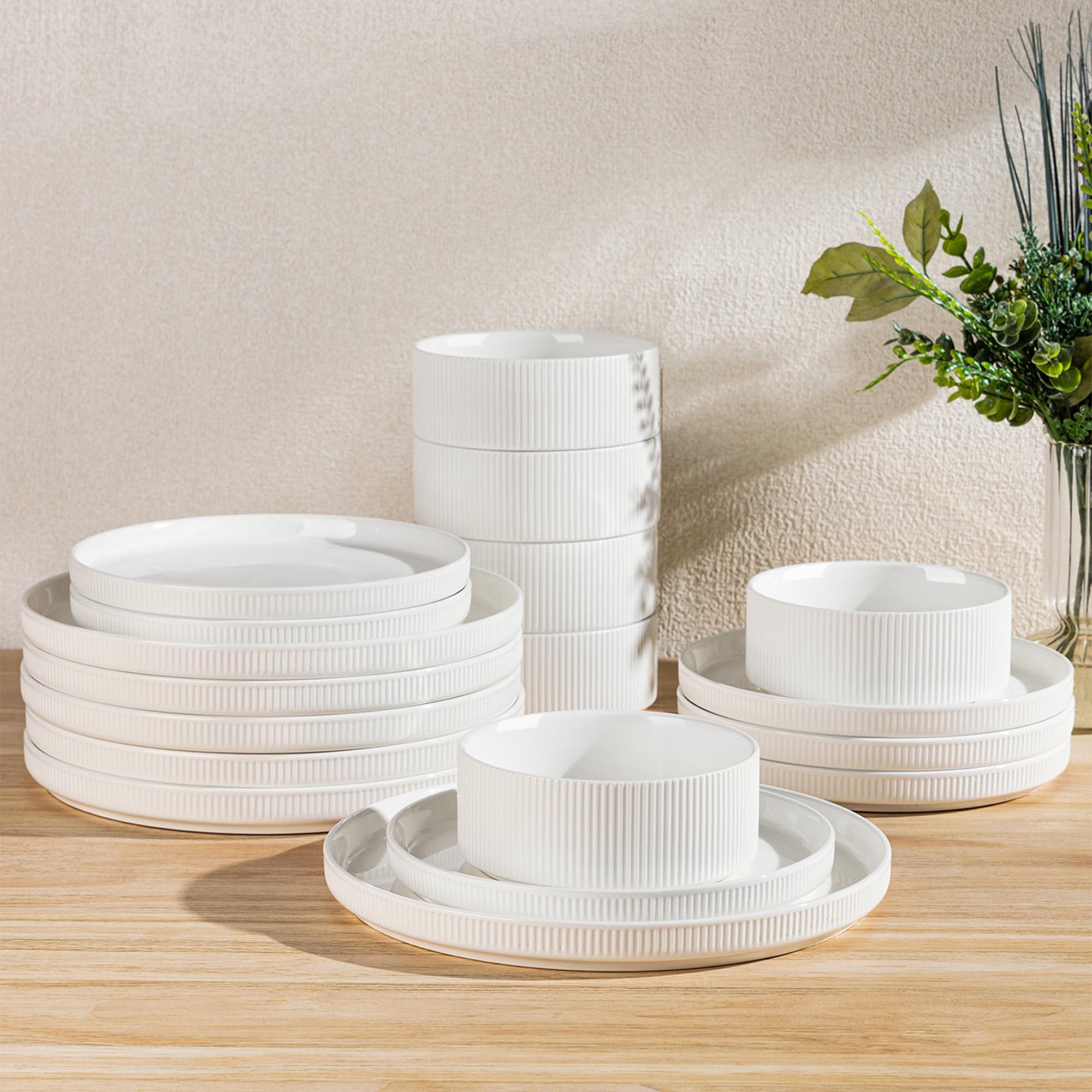 Photo 1 of [COLOR IS GREYISH] [PARTIAL SET] TheTerra Ceramic Dinnerware Sets for 6, 18 Pieces Porcelain Lightweight Plates and Bowls Sets, Scratch Resistant Dish Set, Oven & Microwave & Dishwasher Safe, Bright White
