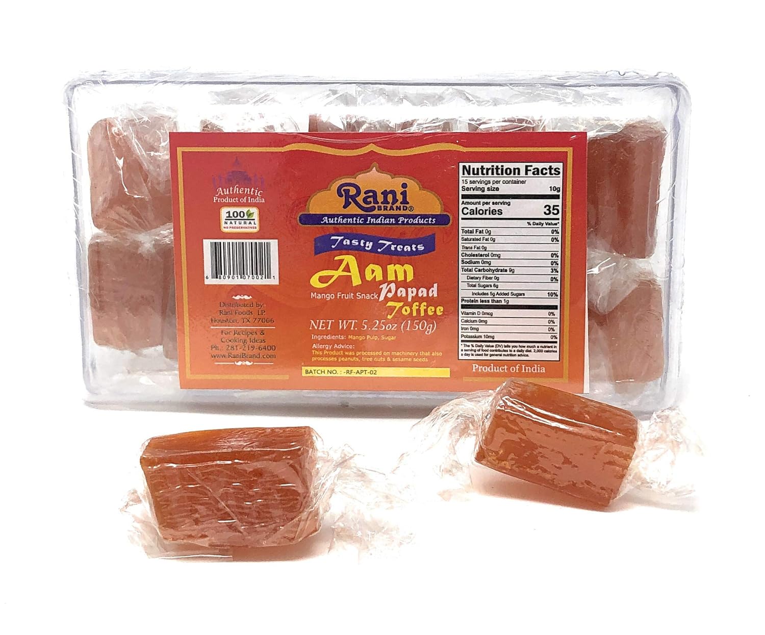 Rani Aam (Mango Fruit Snack) Toffee Candy Treat, 5.25oz (150g), Individually Wrapped in candy box, Indian Origin & Taste
