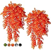 Lakiyfye Vine Plant Fake 4 Pcs Ferns Artificial Plants Large Faux Hanging Plant Artificial Hanging Plants Wall Plants Fake Ivy Room Decor Home Garden Wedding Party Indoor Outdoor Decorations(Orange)
