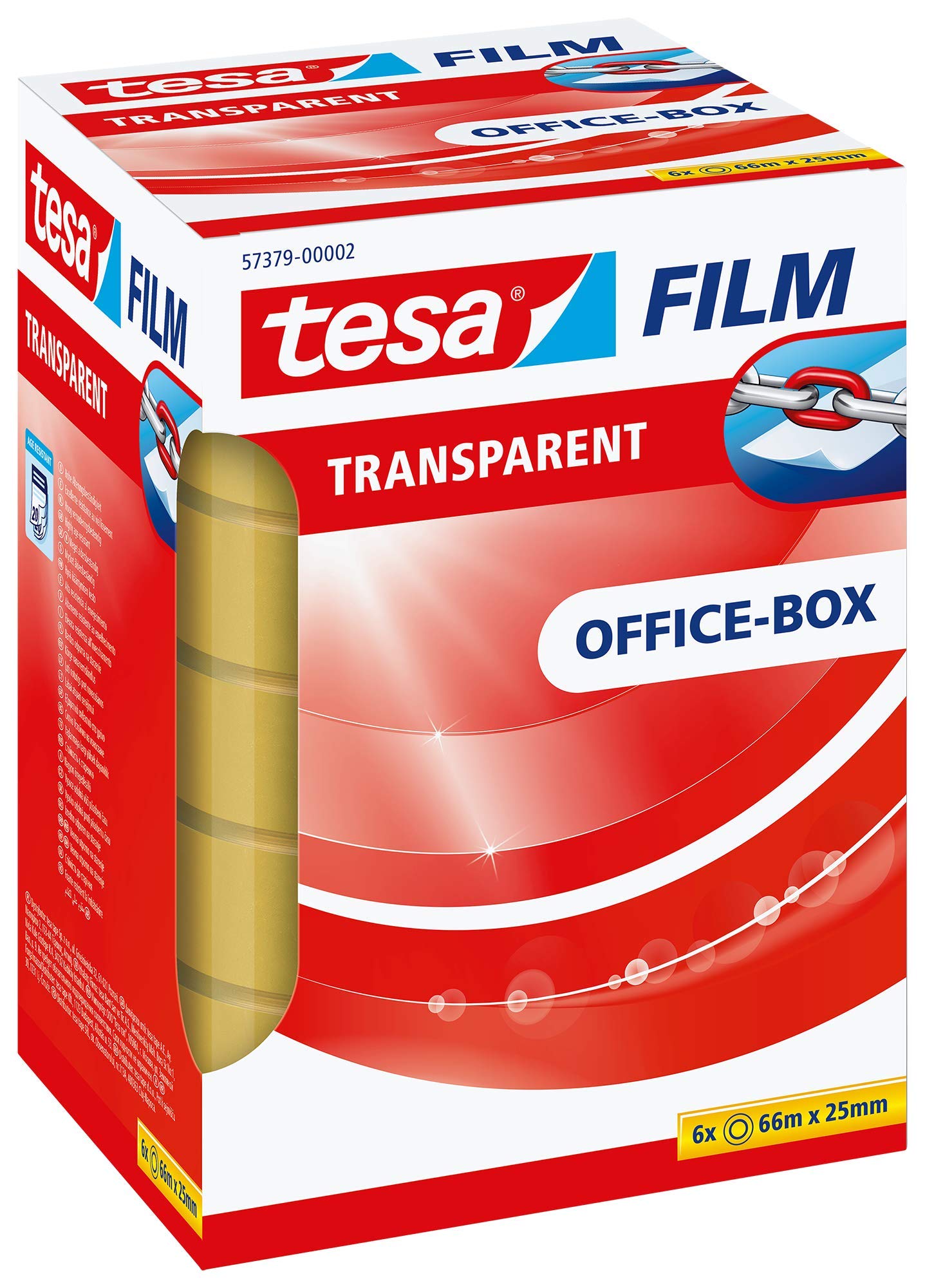 tesafilm 57379-00002-01 Transparent Self-Adhesive Tape - High Age and Tear-Resistance - Office Tape with Strong Adhesion, 66 m x 25 mm - Pack of 6