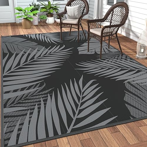 GENIMO Outdoor Rug 150x240cm – Waterproof Reversible Garden Carpet, Large Patio Rug UV Resistant & Washable for Balcony, Backyard, Picnic, RV – Black & Grey