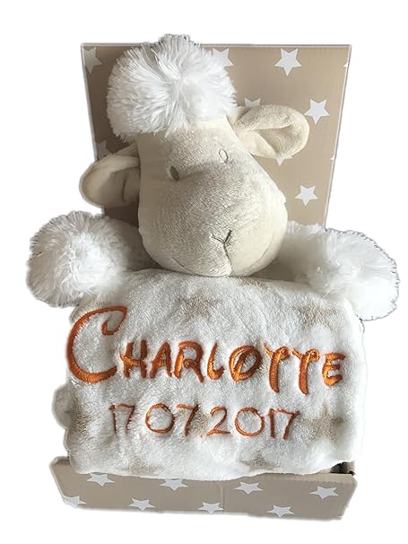 Babydecke mit Name & Geburtsdatum bestickt inkl. Plüsch Stofftier - Geschenk Taufe Geburt (Beige/Weiss - SCHAF)