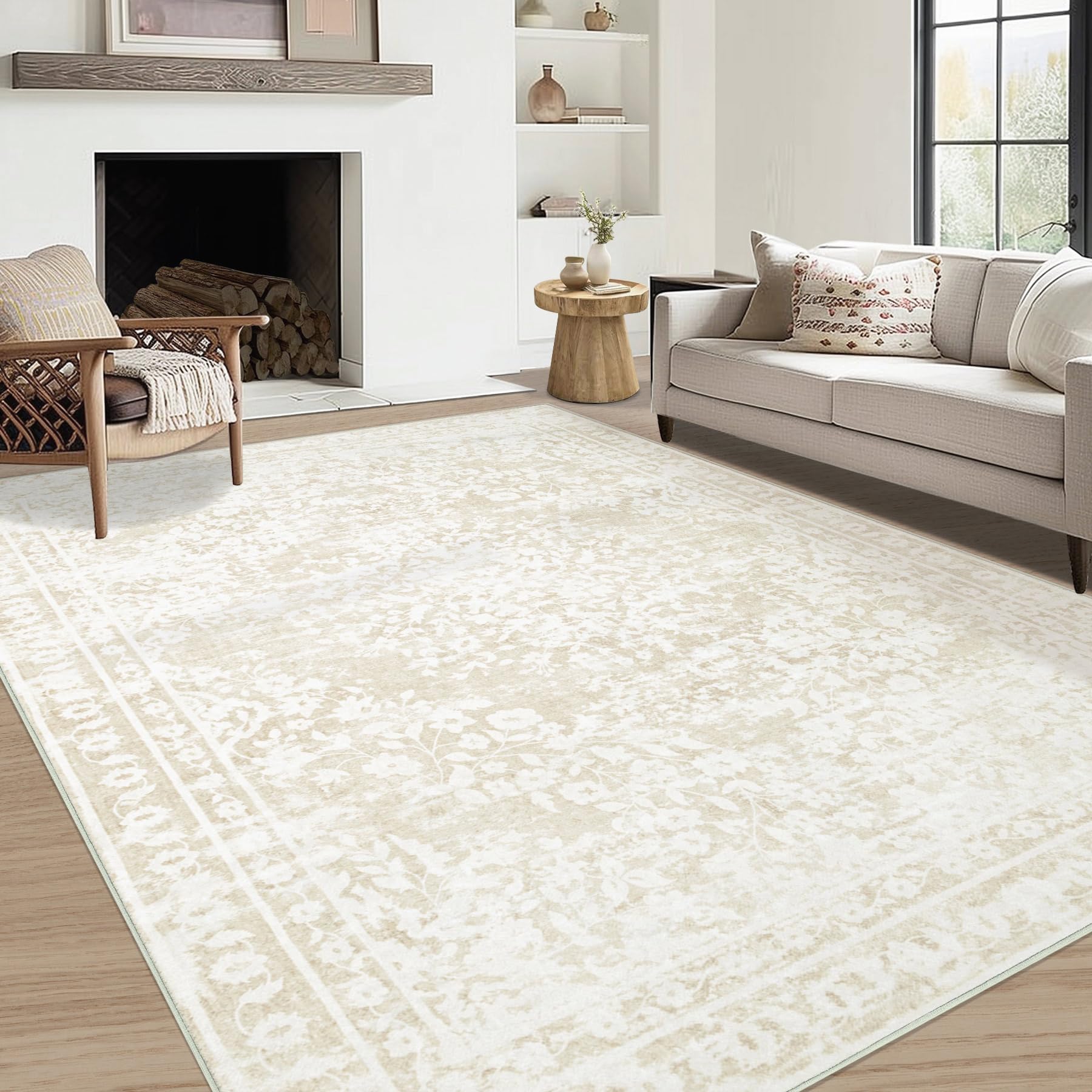 Photo 1 of Vintage Living Room Area Rug - 5x7 Large Machine Washable Boho Area Rug Distressed Floral Rugs for Bedroom, Soft Non-Slip Indoor Floor Accent Rugs for Office Dining Room (Cream Beige, 5'x7')