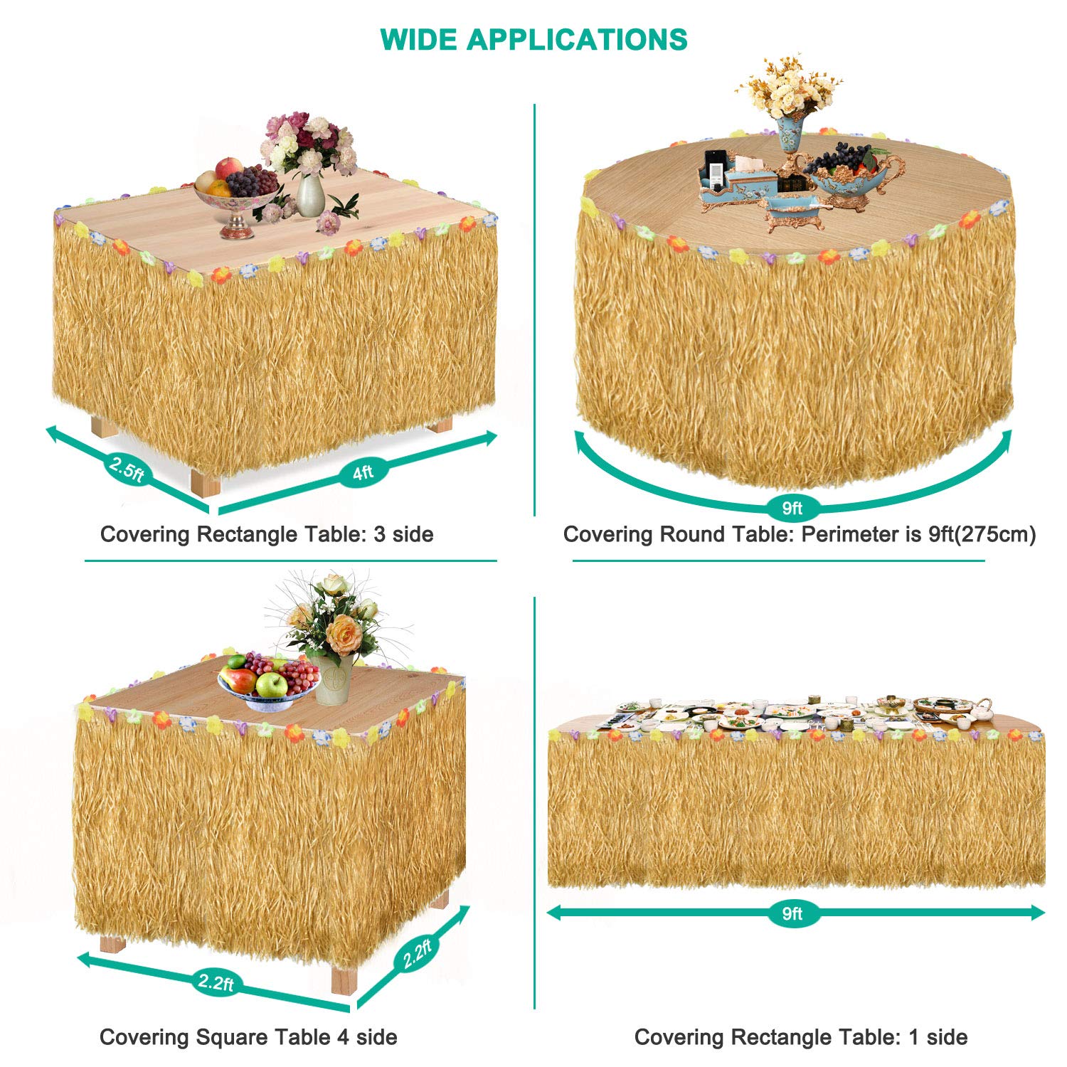 Alcoon Hawaiian Luau Table Skirt 9 Feet Hibiscus Grass Table Skirt 26 Faux Silk Flowers Tropical Island, Luau, Garden Beach Summer, Wedding, Birthday, Party Tableware Decorations