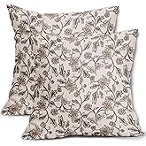 Vintage Floral Pillow Covers 18x18 Set of 2 Antique Neutral Flower Patterned Brown Block Print Traditional Decorative Outdoor Pillowcases Rustic Farmhouse Throw Cushion Case Couch Sofa Bed Decor