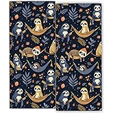 MIEPOS Cute Sloth 2 Piece Hand Towels,Leaf Dark Blue Decor Kitchen Towel Set,14.5x28in Absorbent Dish Handtowels,Soft,Polyester,Functional Decorative Handtowel for Bathroom,Home Use,Bath,Gifts