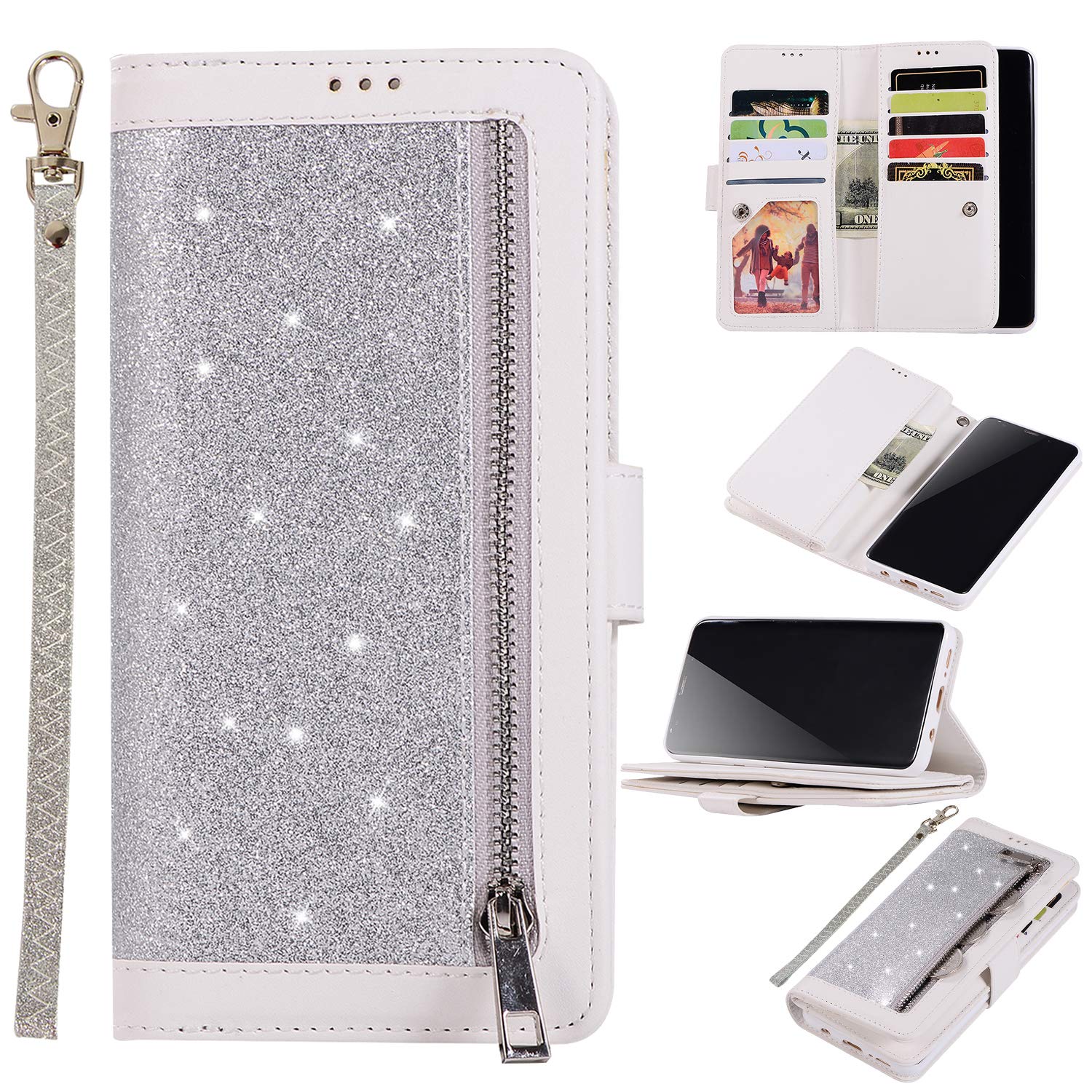EYZUTAK Wallet Case for Samsung Galaxy S9 Plus,Magnetic Handbag Zipper Pocket PU Leather Flip with 9 Card Slots and Wrist Strap Folio TPU Inner Stand Case for Samsung Galaxy S9 Plus - Silver