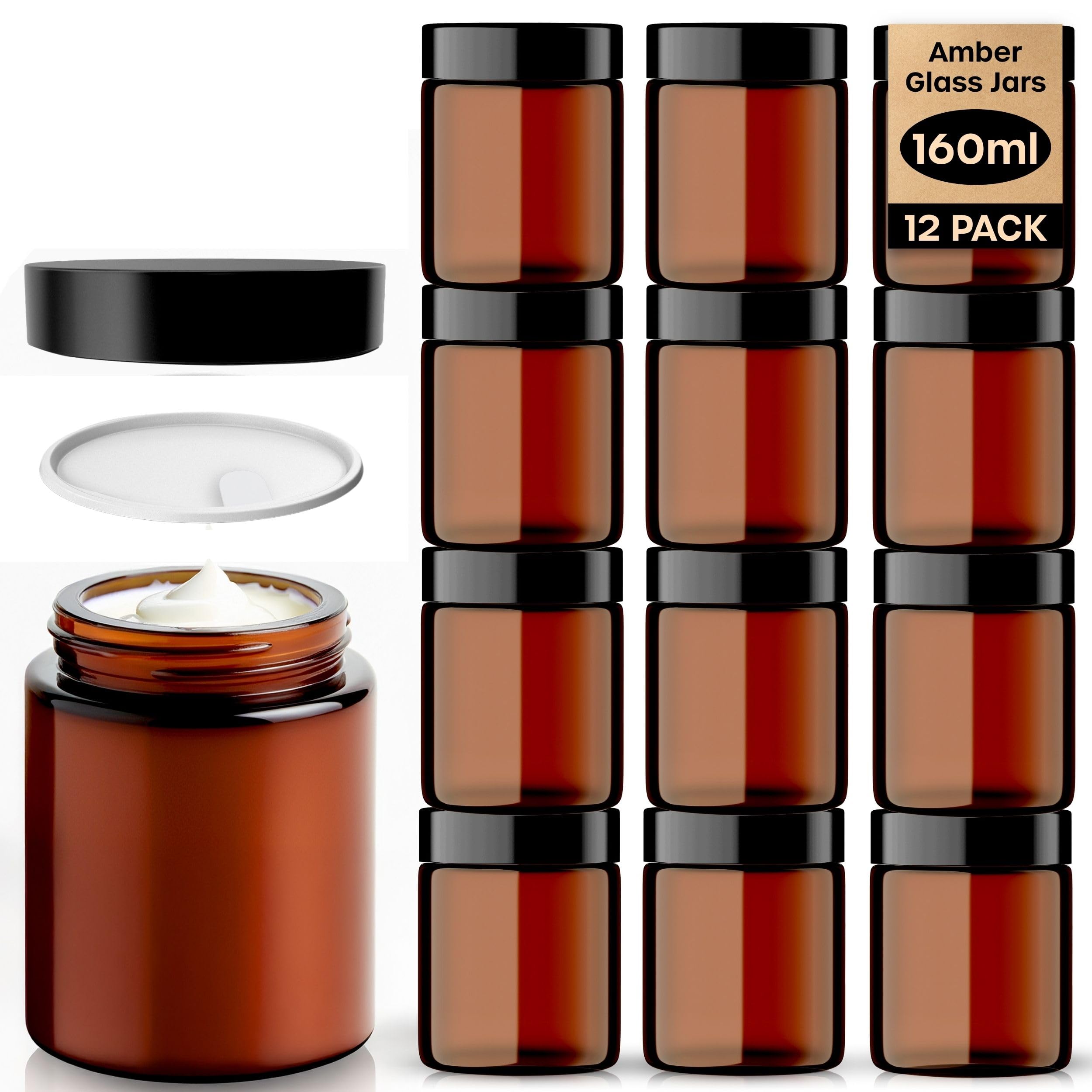 Amber Glass Jars - 12 Pack (160ml) with Lids - Brown Travel Cosmetic Containers with Spatula - UV Protection for Powder, Lotion and Cream