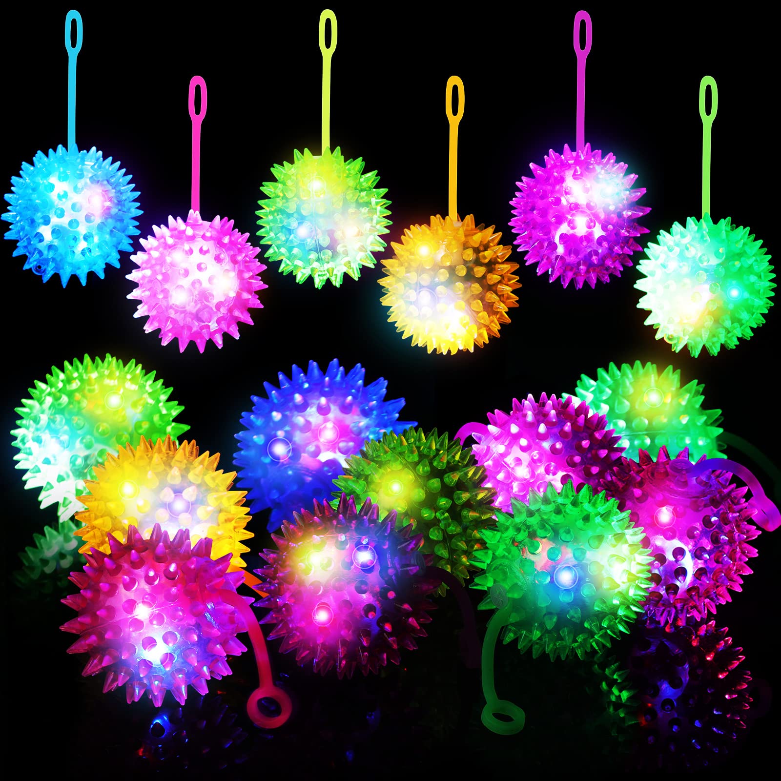 Photo 1 of Civaner 24 Pieces Light up Balls LED Flashing Spiky Sensory Toys Light up Bouncy Balls with Rope Flash Squeaky Rubber Fidget Toy Spiky Party Favors Bulk for Adults Rewards