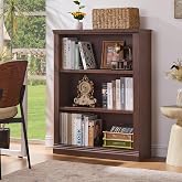 RWYHG 43" Walnut Bookshelf, 3 Tier Farmhouse Small Wooden Bookcase | Adjustable Shelves Book Shelf, Open Display Storage, Wood Veneer Bookshelves, Thick Sturdy Base, for Living Room,Office