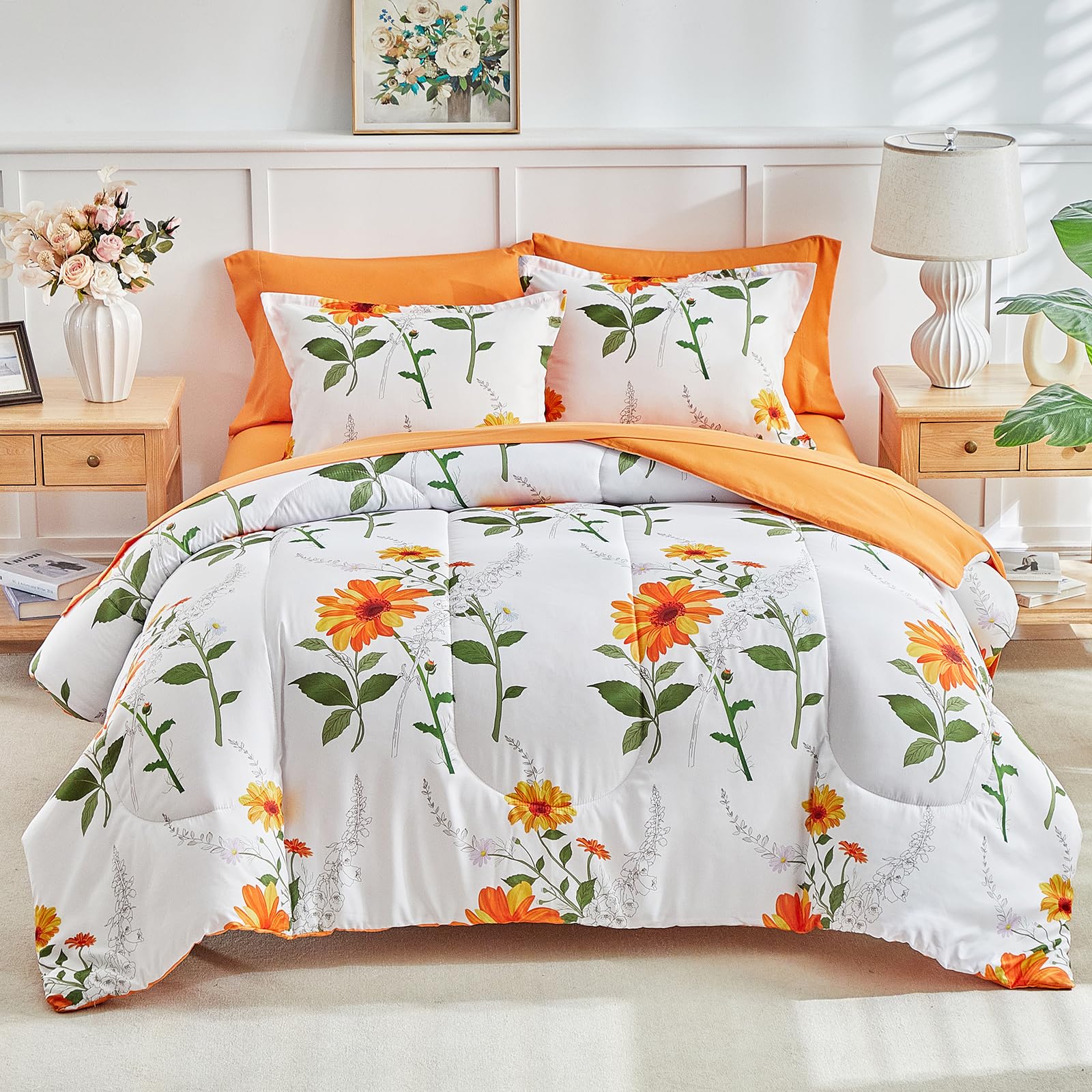 Photo 1 of Joyreap 6 Piece Bed in a Bag Twin, Floral Comforter Sheet Set, Orange n Yellow Flowers on White Design, All Season Microfiber Bedding Comforter Set