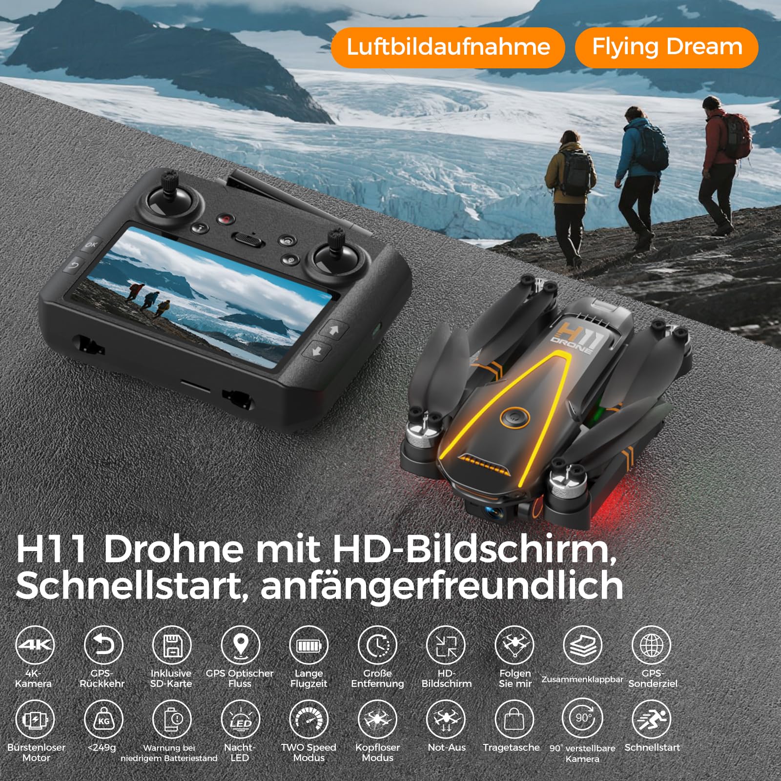 GPS Drohne mit kamera 4K für Erwachsene und Kinder (Bildschirmfernsteuerung)Drone die dir folgt,Zwei Intelligente Akkus,2 Stück Batterien Lange Flugzeit,Auto Rückkehr,Bürstenloser Motor,Unter 249g,C0 5