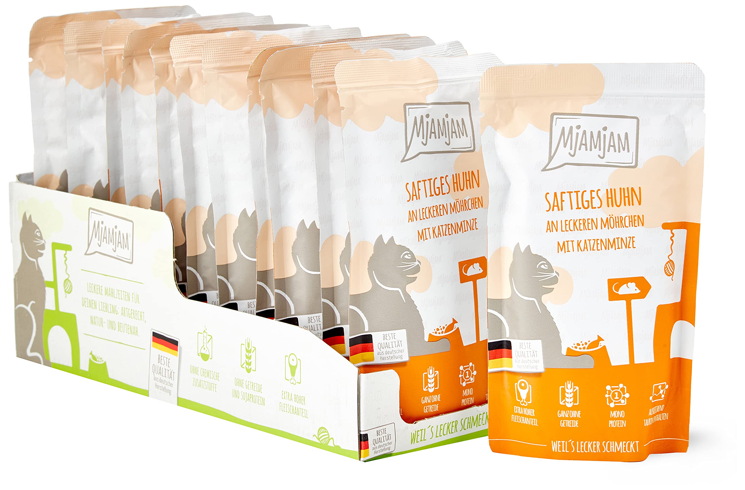 MjAMjAM - premium wet food for cats - Quetschie - juicy chicken with delicious carrots, pack of 12 (12 x 125 g), grain-free with extra meat
