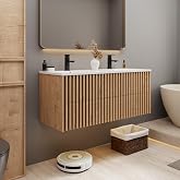 eclife 48" Floating Bathroom Vanity with Sink Combo, Modern Wall Mounted Cabinet with 4 Fluted Drawers, Undermount White Sink, Faucet, Drain, Mixed Natural