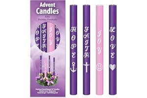 ELITE HOLIDAY PRODUCTS Advent Candles Set of 4 - Premium Printed Script Silver Letters & Pictures – Use with Advent Candle Holders, Advent Wreaths and Advent Rings - Dripless Taper Advent Candle for Christmas Church Décor