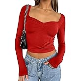 cailami Women's Long Sleeve Square Neck Going Out Tops Basic Tight Y2k T Shirts