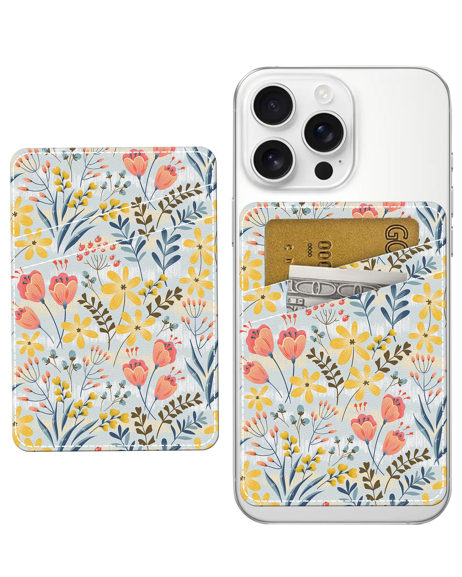 Photo 1 of AWHSCP Cute Floral Leather Phone Wallet, Dual Pocket Credit Card Sticky Wallet, Compatible with Most Cell Phones, Cute Colorful Floral