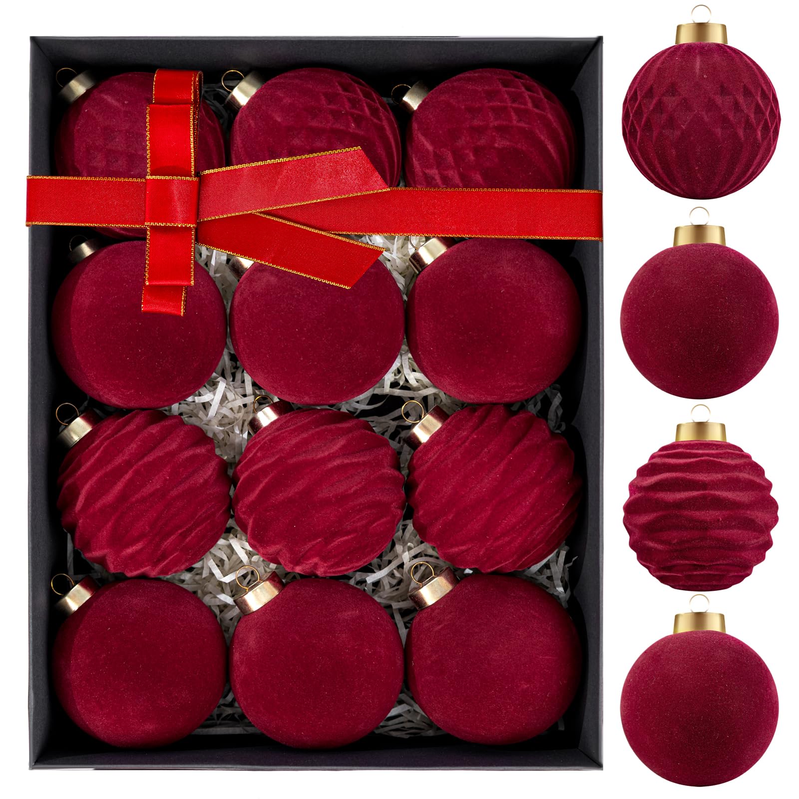 Photo 1 of WDF 12PCS Velvet Christmas Tree Ornaments - Burgundy Christmas Ornaments 4 Styles - Red Christmas Ball - 80mm 3.15inch Shatterproof for Xmas Trees Decorations