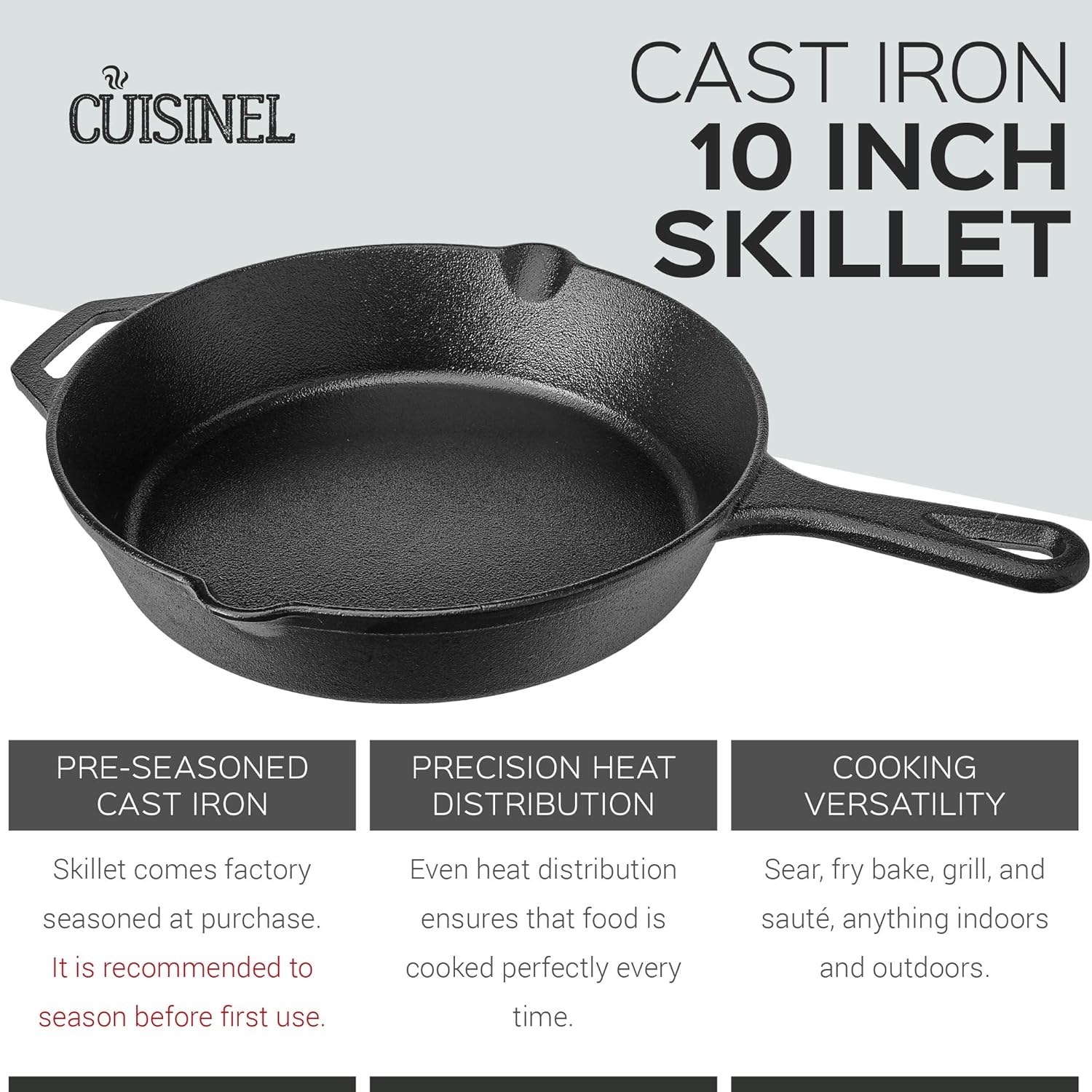 Pre-Seasoned Cast Iron Skillet (10-Inch) with Glass Lid and Handle Cover Oven Safe Cookware - Heat-Resistant Holder - Indoor and Outdoor Use - Grill, Stovetop, Induction Safe: Kitchen & Dining