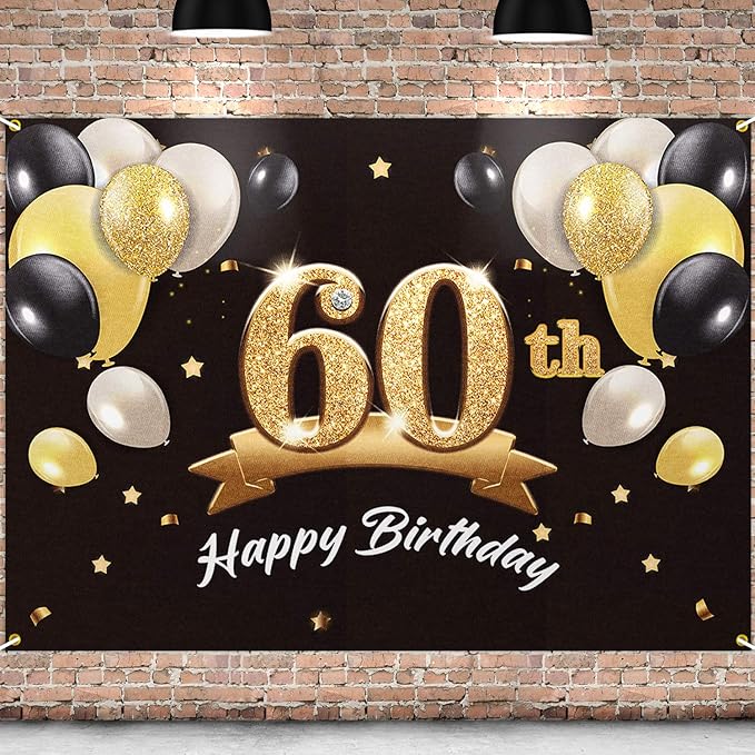PAKBOOM Happy 60th Birthday Backdrop Black Gold Photo