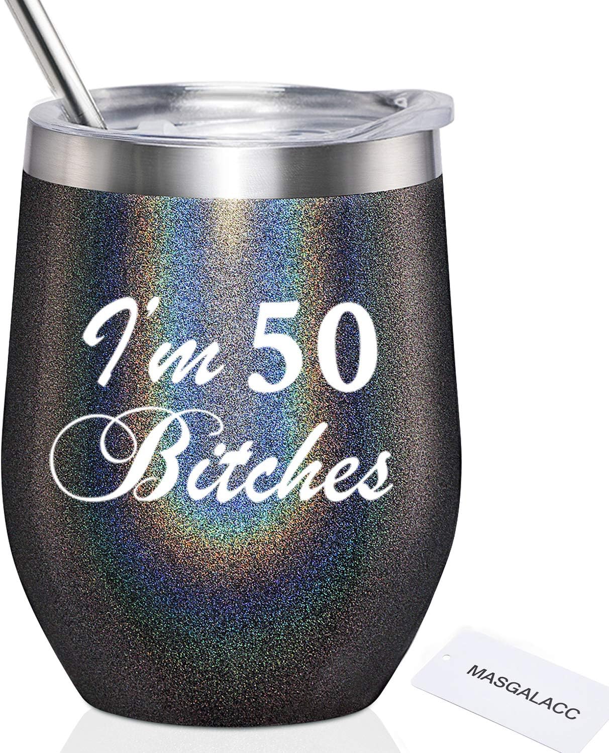 50th Birthday Gifts for Women - Funny Turning 50 Year Old Birthday Gift Ideas for Wife, Mom, Daughter, Sister, Aunt, Best Friends, BFF, Coworkers - 50th Fabulous Wine Tumbler 12oz w/ Lid & Straw