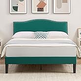 VECELO Queen Bed Frame, Platform Bed Frame with Adjustable Height Upholstered Headboard, Heavy-Duty Frame and Strong Wooden Slats Support, Non-Slip and Noise-Free, Easy Assembly, Dark Green
