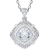 THELANDA Genuine Moissanite Sterling Silver Vintage Classic Filigree 2 Carat Pendant Necklace, Adjustable 18-20 Inch Chain with Lobster Clasp, Elegant Jewelry Gift for Women