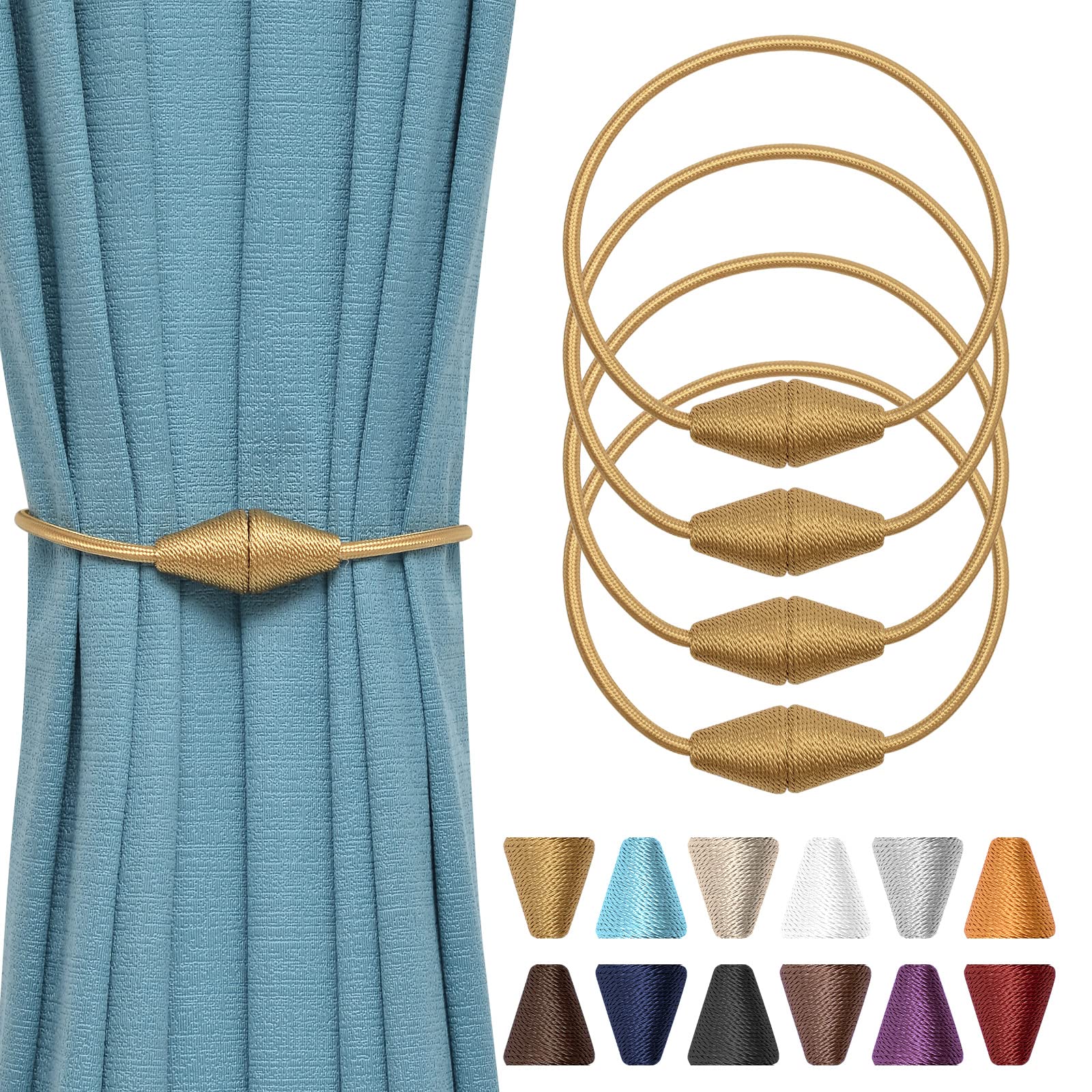 Pretty Jolly 4 Pack Upgrade Magnetic Curtain Tiebacks Handmade Weave Rope Curtain Holdbacks Convenient Decorative Cone Curtain Drape Tie Backs for Home & Office Window Drapery (Gold)