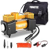 YUNGTEE Portable Tire Inflator, 12V 150 PSI Dual-Cylinder Air Compressor | LED Emergency Light, 11 ft Extension Hose for Cars, SUVs, RVs and Inflatables,Yellow