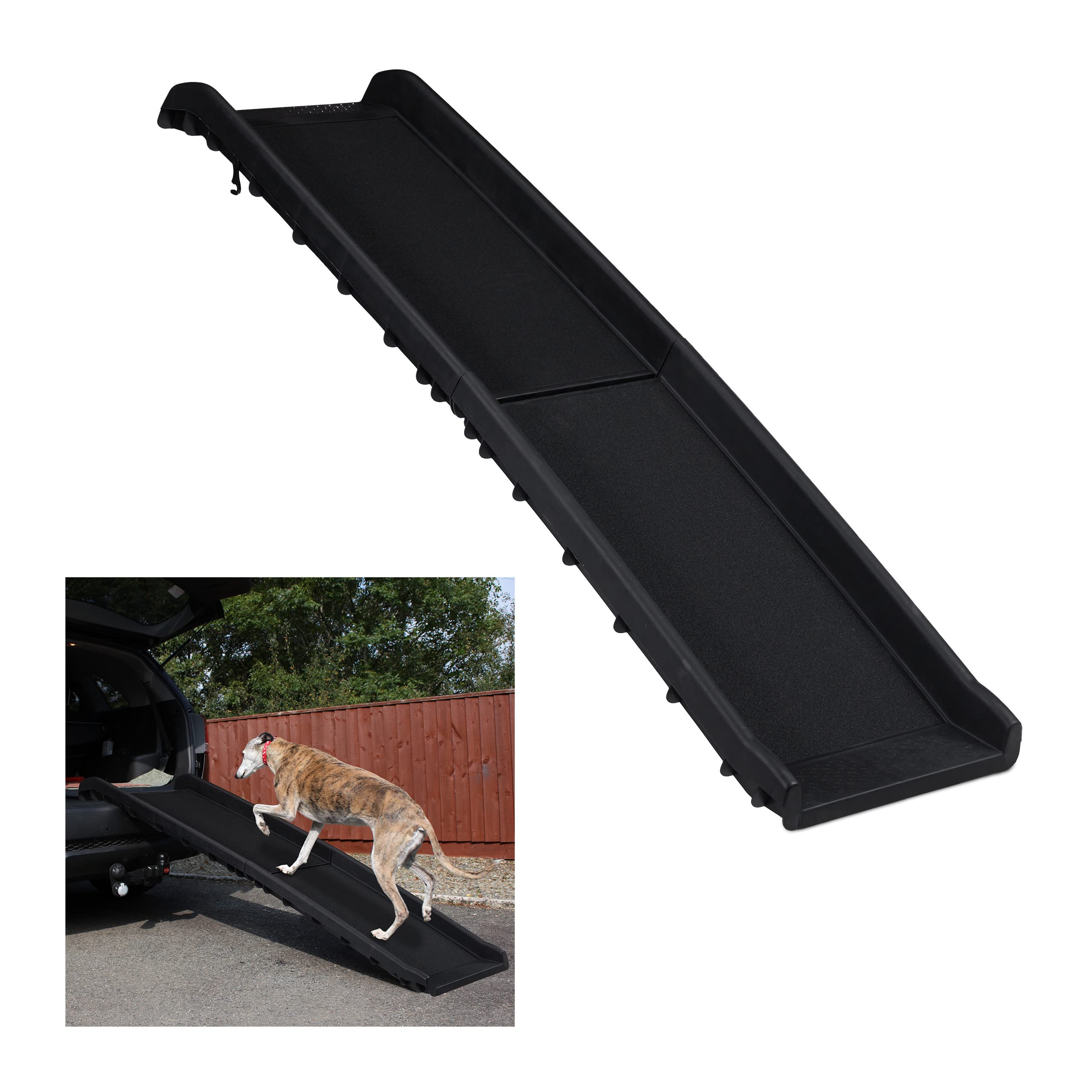 Relaxdays Dog Ramp for Car, Foldable, Anti-Slip Surface, Extendable, Max. Capacity of 90 kg, Plastic, 156x40 cm, Black