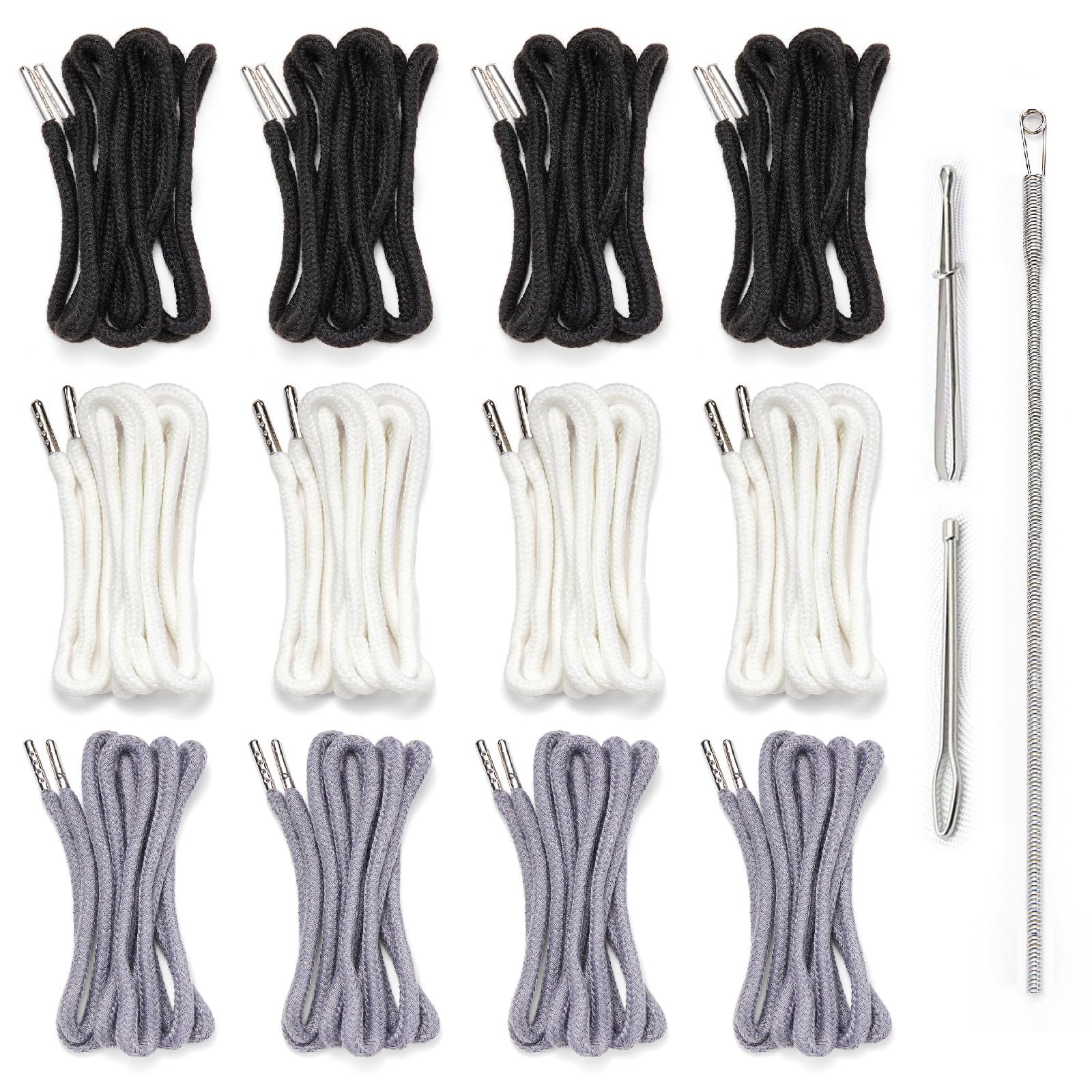 Photo 1 of 12Pcs Drawstring Pants Threader with Replacement Drawstrings for Men Women, 57 Inch Cotton Polyester Drawstring Cord with Metal Tips for Shorts Pants Sweatpants Hoodies Repair(Black White Grey 4 Each)