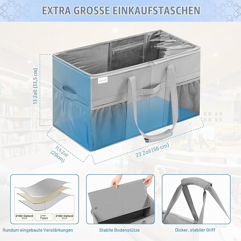 Einkaufstasche 2er Set - Stabile Tragetasche mit Deckel & Taschen, 56x29x33,5cm - Wiederverwendbare faltbare Transporttasche mit Bodenverstärkung für Supermarkt, Lagerung & Camping — Foto 5 von 7