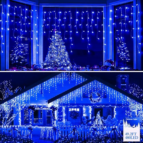 FLVOECN 49FT 480LED Christmas Lights Decorations Waterproof 12 Modes Christmas Lights Outdoor with Memory and Timer Fairy Lights Plug-in Christmas String Lights for Holiday Party Wedding Home Blue