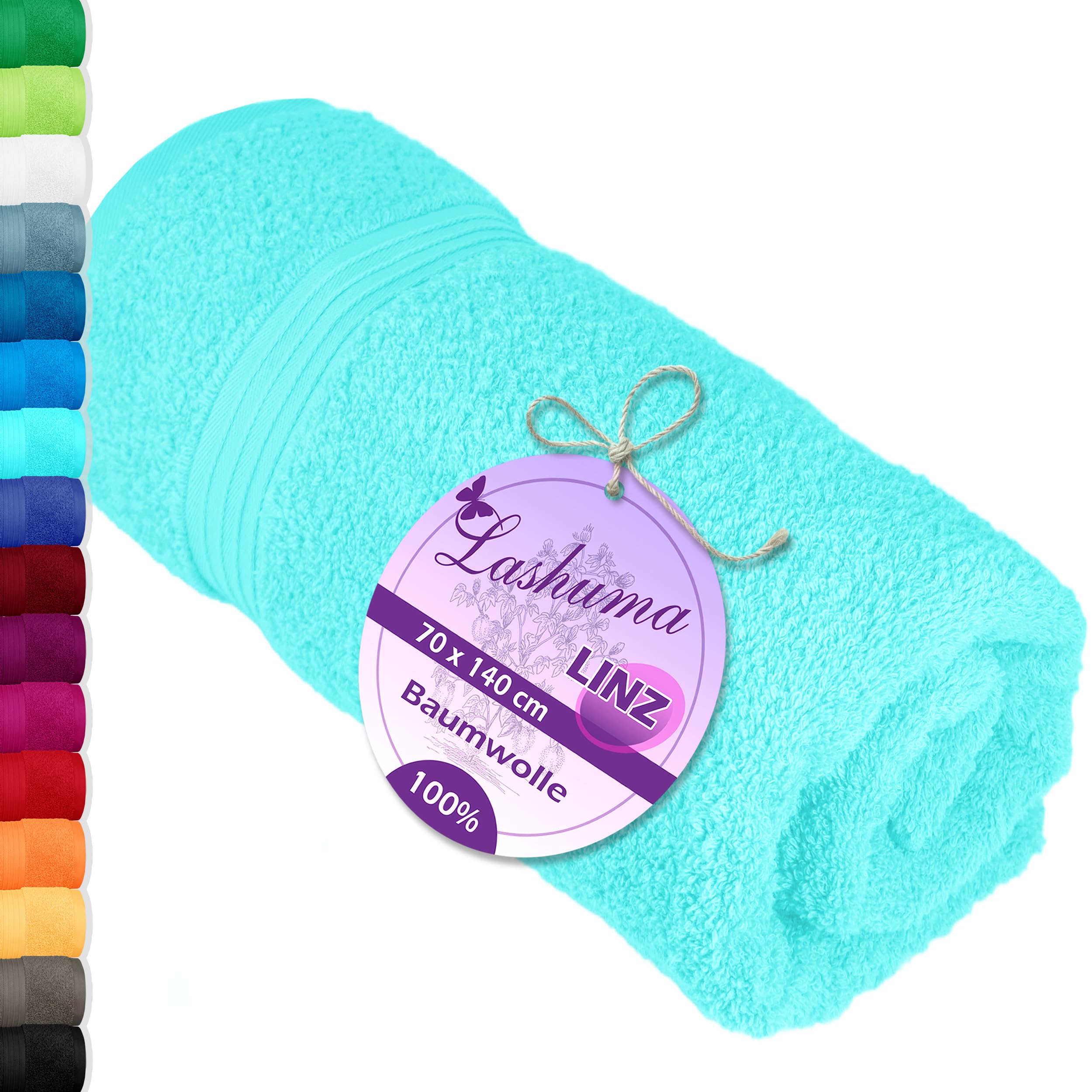 Lashuma® Towel Series – Available in 16 Colours and 6 SizesFace Cloth/Guest Towel/Hand Towel, Bath Towel, Shower Towel/Sauna Towel, 100% Cotton, turquoise, 70 x 140 cm