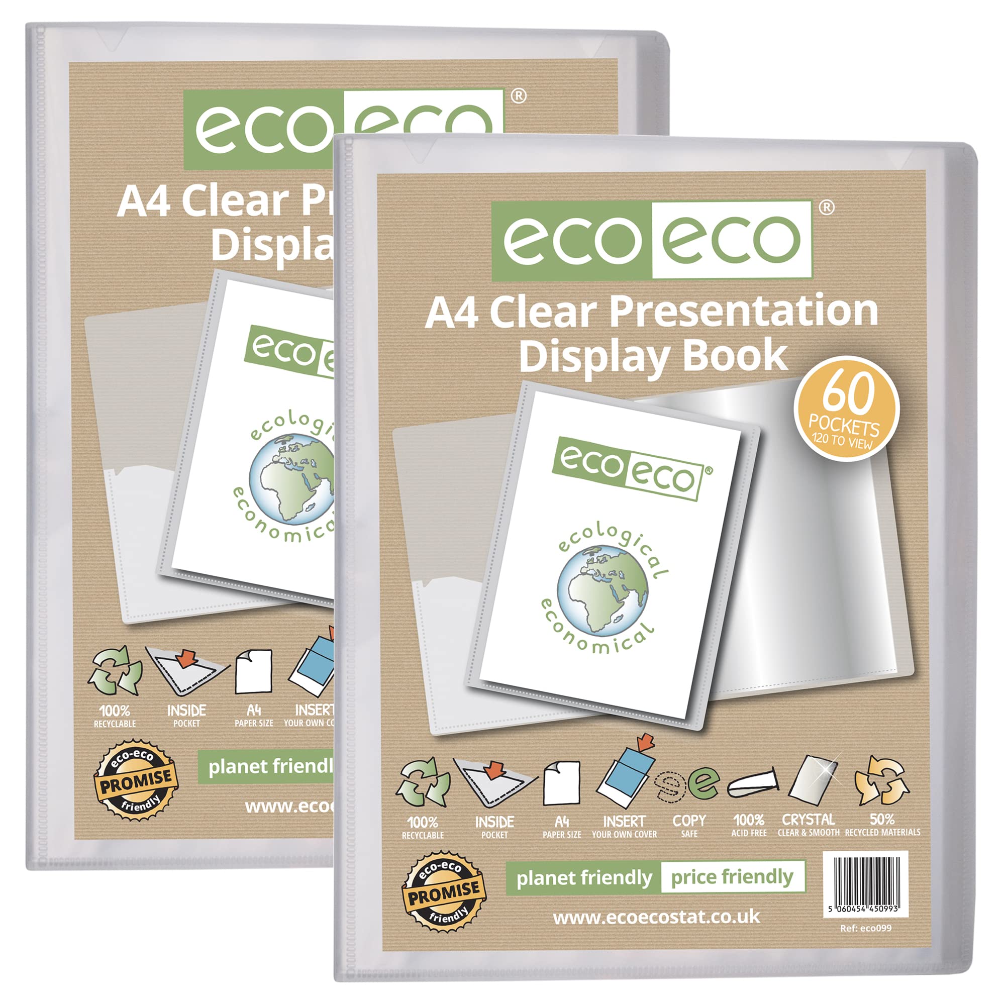 eco-eco A4 Size 50% Recycled 60 Pocket Clear Presentation Display Book, Storage Case Portfolio Art Folder with Plastic Sleeves, (Pack of 2), eco099x2