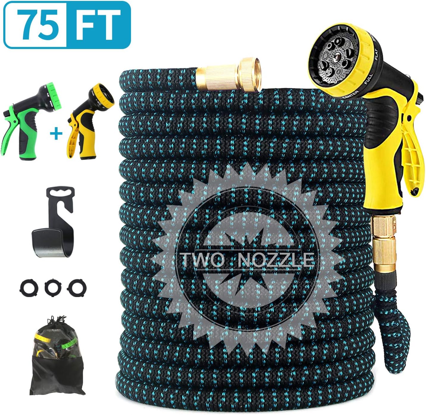 FIENVO 75 ft Upgraded Expandable Durable No-Kink Flexible Garden Water Hose Set with Extra Strength Fabric Triple Layer Latex Core, 3/4" Solid Brass Connectors 9 Function Spray Hose Nozzle : Garden & Outdoor