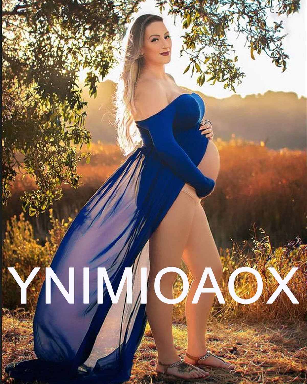 YnimioAOX Women's Off Shoulder Long Sleeve Maternity Dress for Photography Chiffon Maternity Gown for Photoshoot（A1-White at  Women’s Clothing store