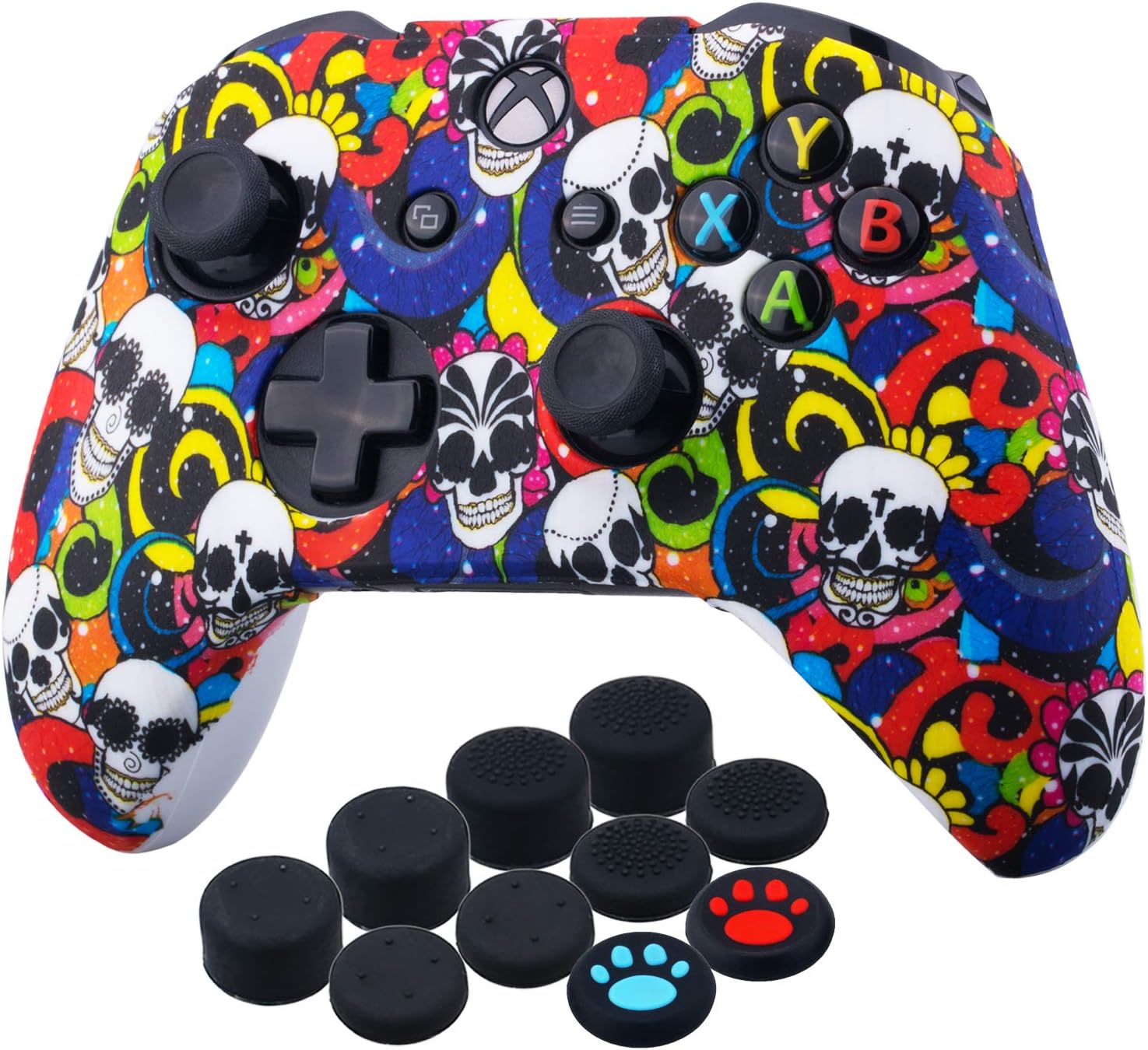 YoRHa Printing Rubber Silicone Cover Skin Case for Xbox One S/X Controller x 1(Madeup Skulls) with Thumb Grips x 10