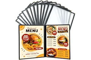 FLKQC 12 Pack Menu Covers, 1 Page 2 View Transparent Menu Holders, 8.5 x 11 Inch Menu Sleeves, Menu Books Fits A4 Size Paper, Perfect for Restaurants, Bars, Cafes, and Office Use (2 Page 4 View)