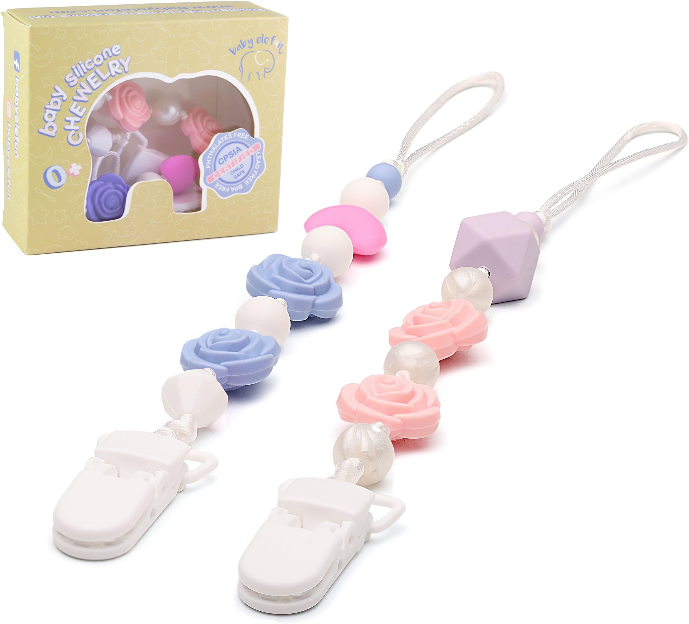 Silicone Pacifier Clip Girl with Teething Pain Relief Beads, 2 BPA Free Teething Toy Set, Best Unique Gifts for Baby Shower, Universal Holder for Binky, WubbaNub, NUK, Avent Soothie and MAM Pacifiers