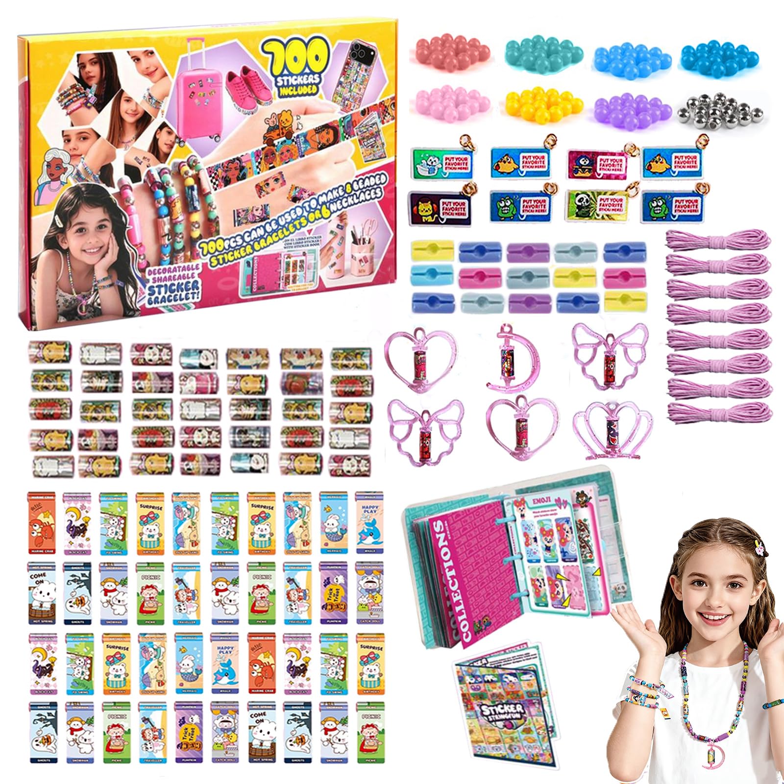 Afufu 700 Mini Holographic Stickers & Collecting Book, DIY Friendship Bracelet Jewellery Making Kit Toy for Girls Age 3+, Creative Craft Gift, Collectible Reusable School Prize Party Bag Fillers
