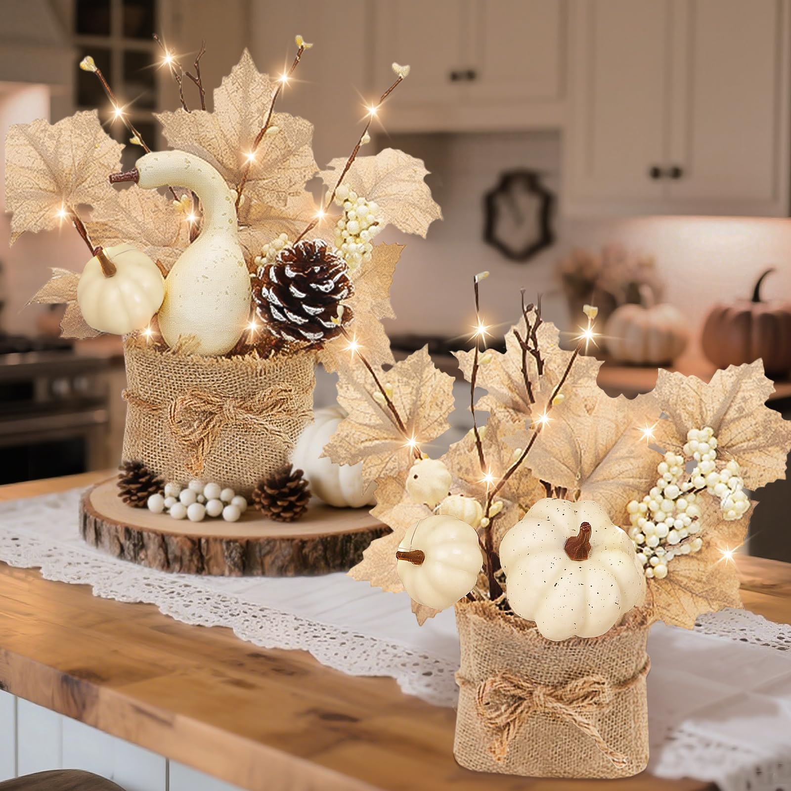 Photo 1 of [Light & Timer] Fall Decor 2 Pack Fall Table Centerpieces with 20 LED Tabletop Maple Tree Pumpkin Pinecone Berry Branch Arrangement, Fall Decorations for Home Kitchen Halloween Thanksgiving