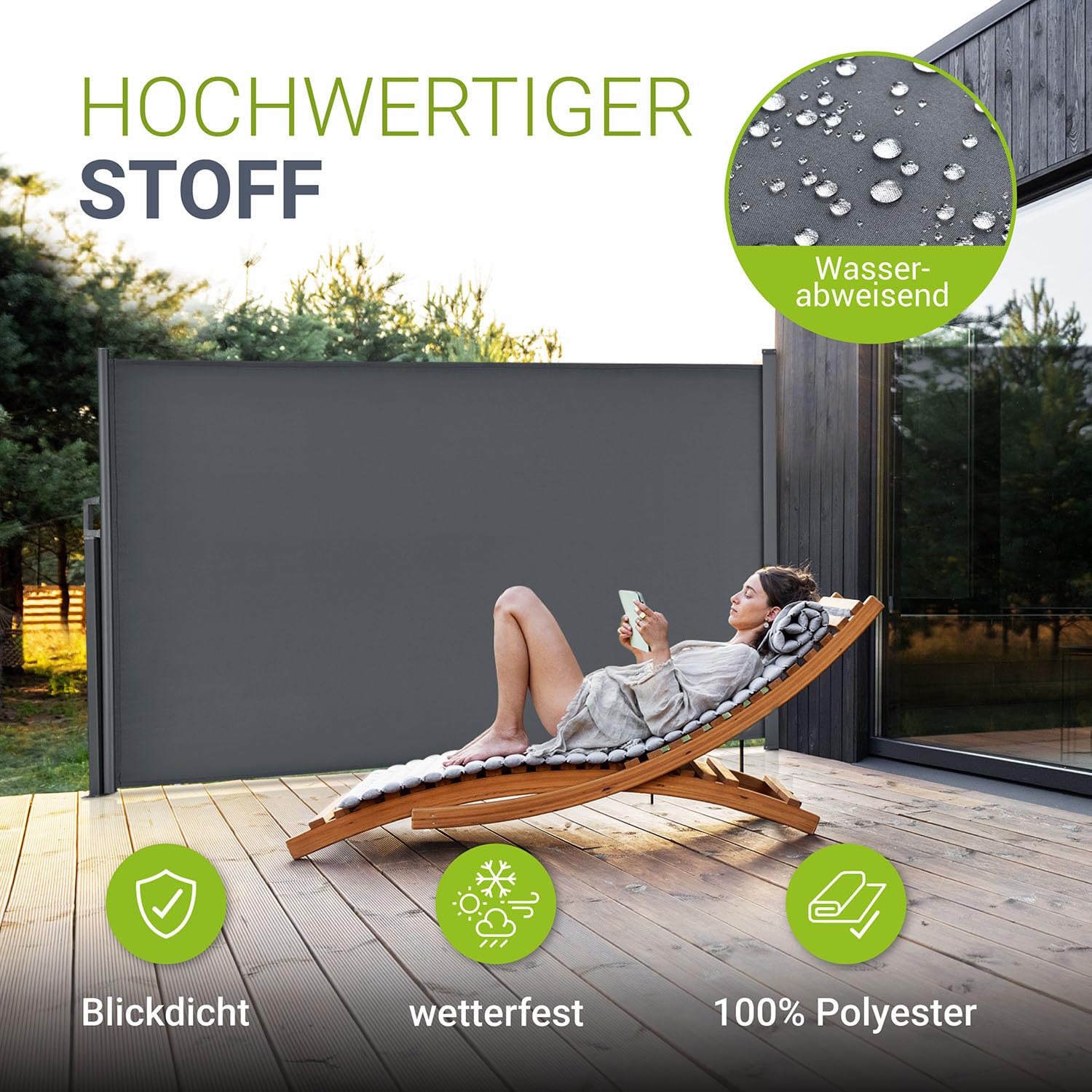 Juskys® Seitenmarkise Dubai 180 x 300 cm ausziehbar Blickdicht, Sichtschutz für Balkon & Terrasse, Seitenrollo mit Wandhalterung - grau 5