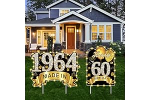 PUYRUIV 2Pcs Black Gold 60th Birthday Yard Sign Decoration with String Lights for Men Women,Happy 60th Birthday Made in 1964 Lawn Sign Party Supplies,Sixty Year Old Birthday with Lights Yard Decor Stakes