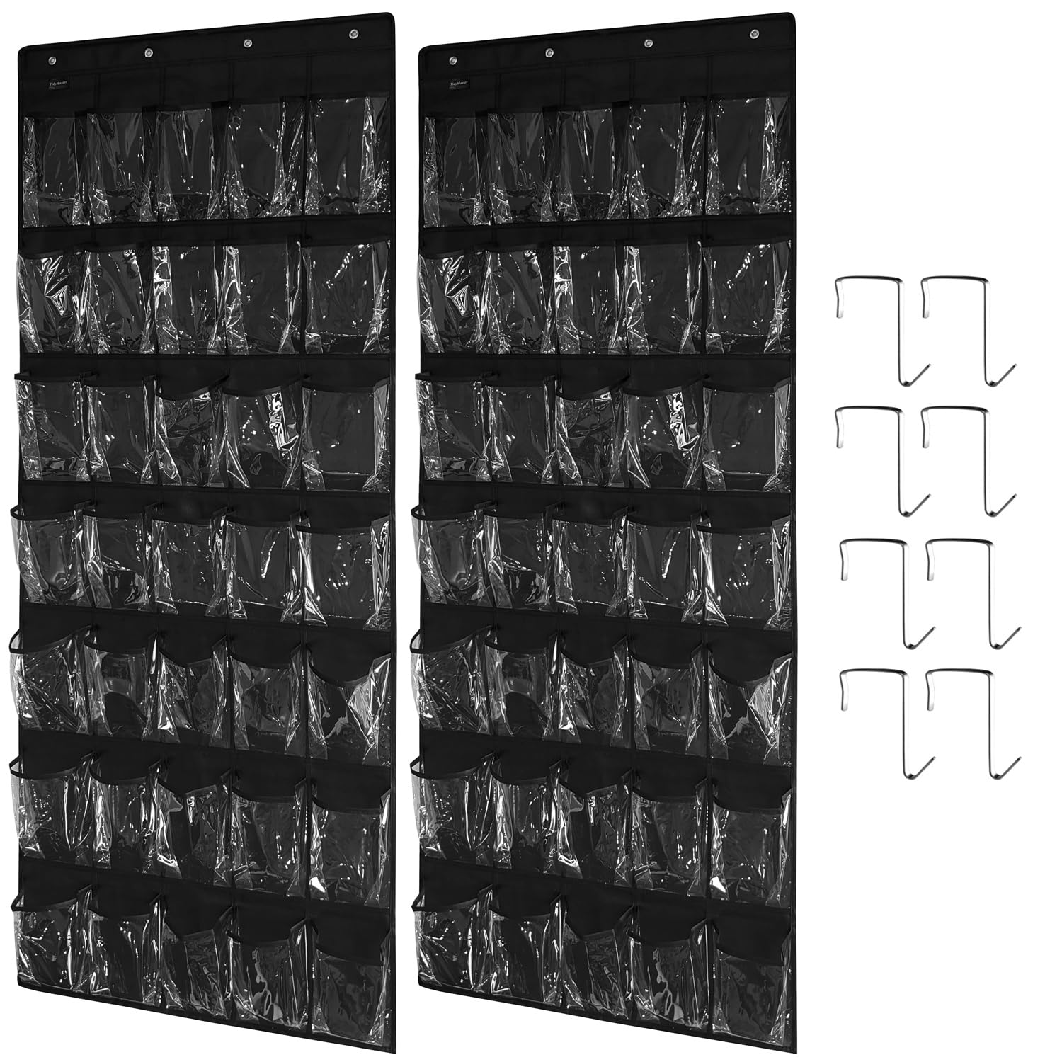 Photo 1 of TidyMaster Clear Crystal 2 Pack 35 Pockets Large Hanging Shoe Organizer Over The Door Shoe Rack for Closet Door Storage Shoe Holder Hanger, 8Hooks, Black
