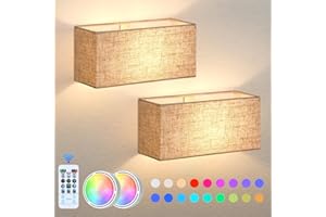 BOSCEOS Battery Operated Wall Sconces Set of 2 - Dimmable LED Wall Lights with Remote Control, 18 Color Changeable Wall Mounted Lamps with Fabric Shade, Magnetic LED Wall Light Fixtures for Bedroom Hallway
