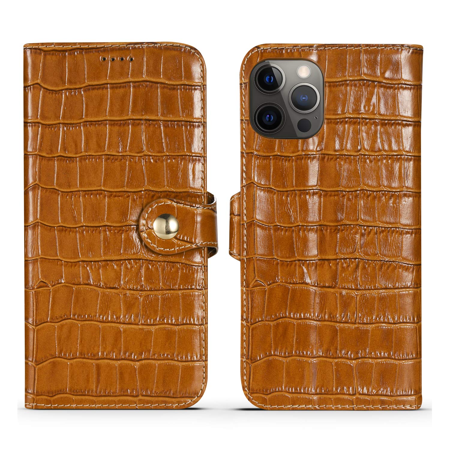 nincyee Genuine Leather Wallet Case for iPhone 12 Pro Max,Classic Crocodile Pattern Real Leather Flip Stand Case Cover with Card Slot Brown