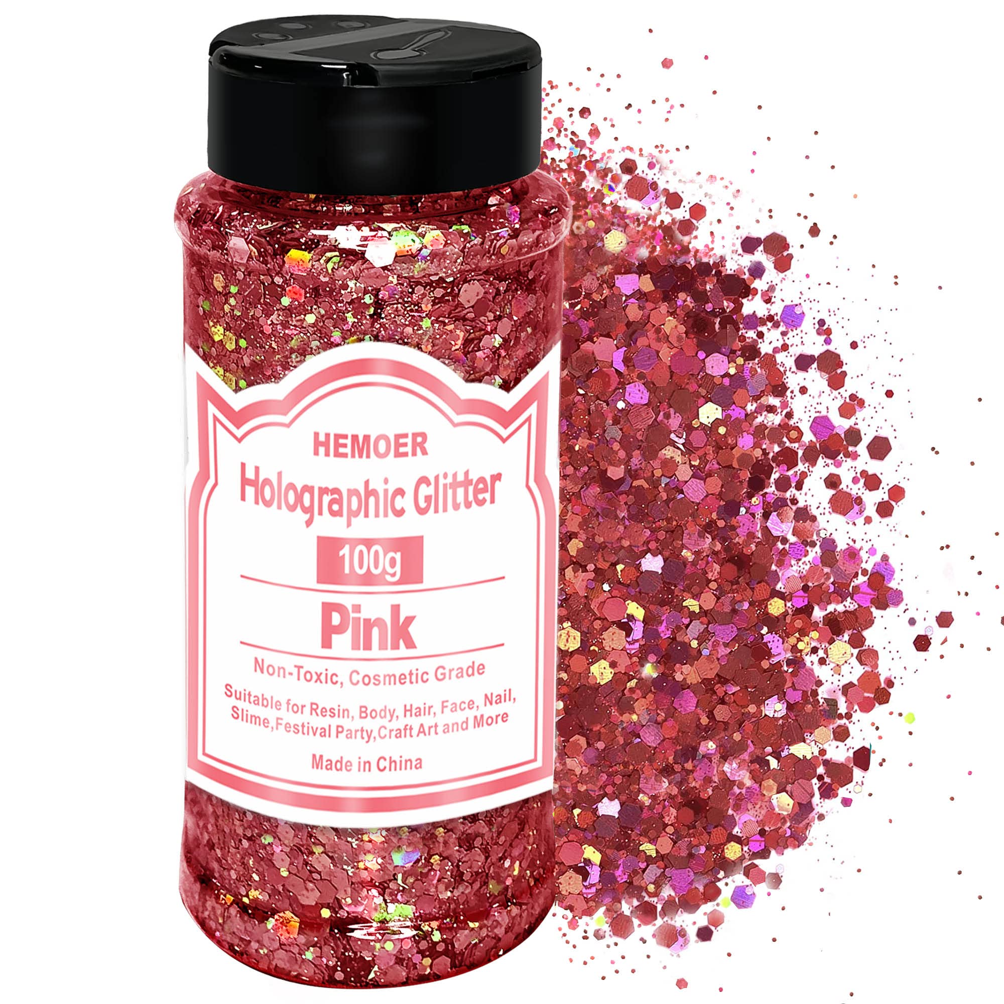 HEMOER Holographic Chunky Glitter, 100g Pink Chunky Sequins Glitter, Cosmetic Craft Glitters for Resin, Face, Nail, Body, Crafts, Slime Festival Party Art and More-3.52oz/Bottle