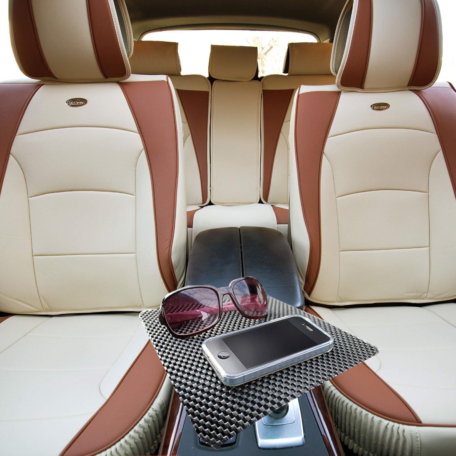 TLH Ultra Comfort Leatherette Seat Cushions Full Set, Beige Tan Color w/Non Slip Dash Mat